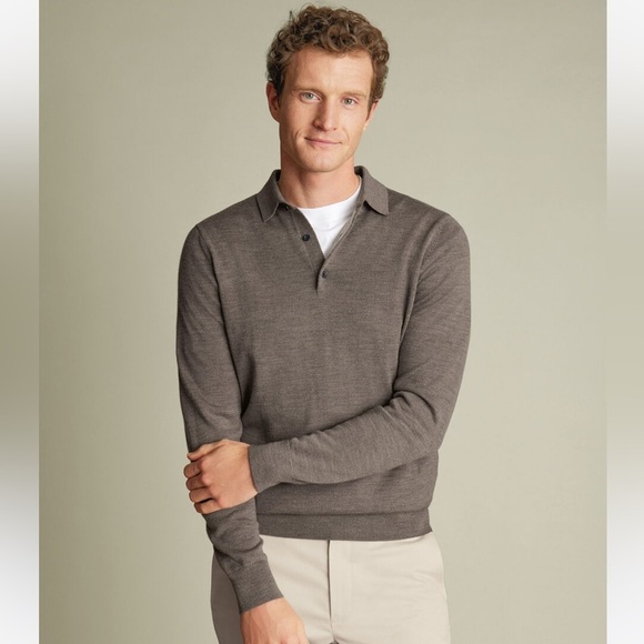Charles Tyrwhitt Men's XXL Merino Wool Long Sleeve Polo Sweater Mocha Old Money - Picture 1 of 13